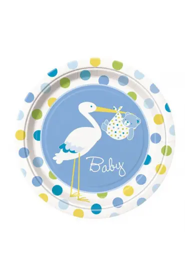 Leylek Temalı Mavi Renk Erkek Baby Boy Stork Baby Shower Parti Tabağı 8 Adet