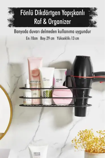 Paslanmaz Çelik Yapışkanlı Fönlü Duvar Rafı & Organizer & Banyo Duş Askısı