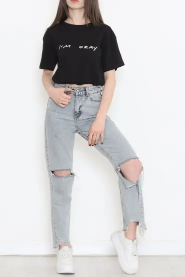  275 Beli Lastikli Crop Tişört Siyah