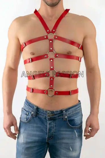  41 Seksi Erkek Body Harness, Deri Erkek Body Harness - Ürün Rengi:Kırmızı