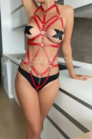  41 Tam Vücut Deri Harness Sexy Harness - Ürün Rengi:Kırmızı