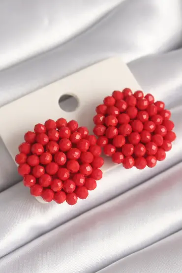 Kırmızı Renk Kristal Düğme Model Kadın Küpe - TJ-BKP8697