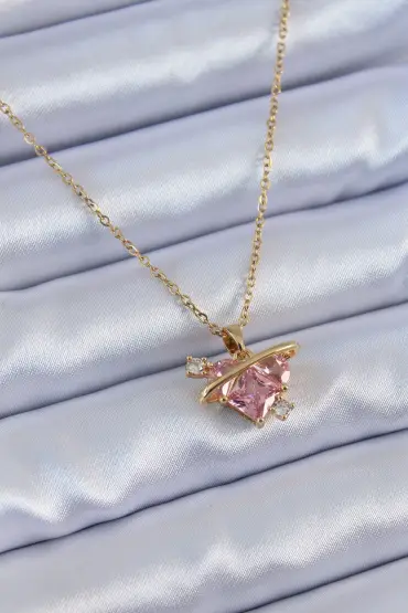  943  316L Çelik Gold Renk Pembe Kristal Kalp Model Zirkon Taş Detay Kadın Kolye