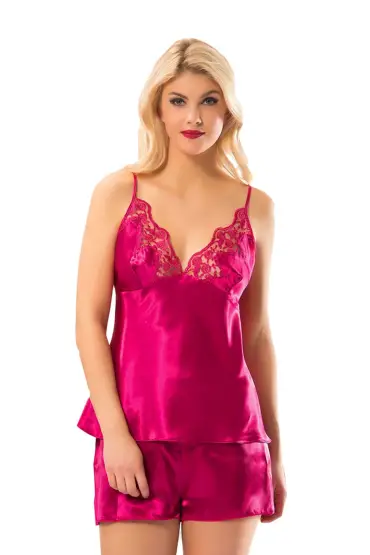  946 Fuşya Saten Babydoll Şortlu Takım