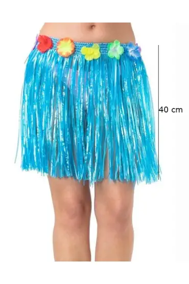 Yetişkin ve Çocuk Uyumlu Mavi Renk Püsküllü Hawaii Luau Hula Etek 40 cm ( )