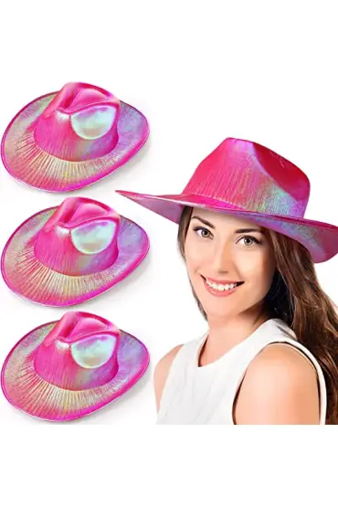 Neon Hologramlı Kovboy Model Parti Şapkası Pembe Yetişkin 39X36X14 cm ( )