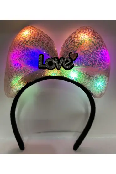 Led Işıklı 3 Farklı Fonksiyonda Yanan Gümüş Love Yazılı Toz Pembe Fiyonk Taç 20X17 cm ( )