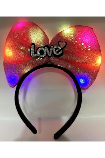 Led Işıklı 3 Farklı Fonksiyonda Yanan Gümüş Love Yazılı Fuşya Pembe Fiyonk Taç 20X17 cm ( )