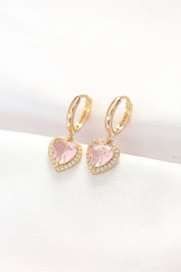 316L Çelik Gold Renk Pembe Taşlı Minimal Kalp Küpe - TJ-BKP8893