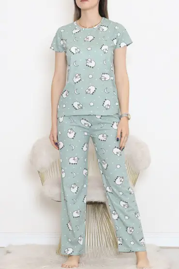  275 Desenli Pijama Takımı Mintbeyaz