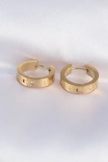  943  316L Çelik Gold Renk Zirkon Taşlı Cartier Model Halka Küpe