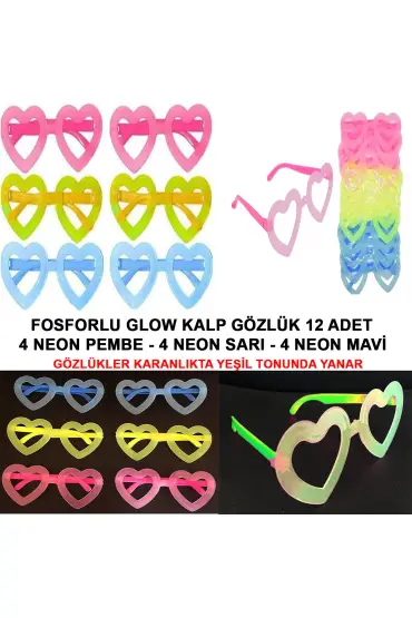 Fosforlu Kalp Model Glow Parti Gözlüğü Karanlıkta Yanan Gözlükler 12 Adet ( )