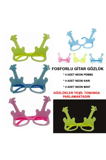 Fosforlu Gitar Model Glow Parti Gözlüğü Karanlıkta Yanan Gözlükler 12 Adet ( )