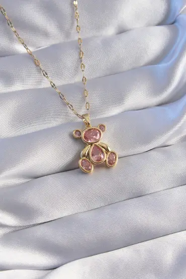  943  316L Çelik Zincir Gold Renk Pembe Zirkon Taşlı Teddy Kolye