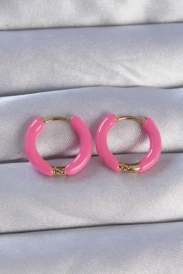 316L Çelik Gold Renk Pembe Mineli Halka Küpe - TJ-BKP9101