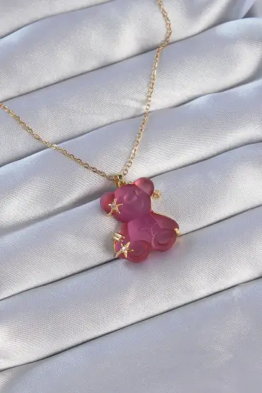 316L Çelik Zincirli Gold Renk Zirkon Taşlı Pembe Teddy Kolye - TJ-BKO8847