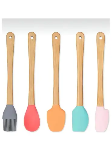  174 5&39li Renkli Ahşap Saplı Silikon Uçlu Spatula Fırçalı Kaşık Seti -Yemek Hazırlık Seti 21 Cm