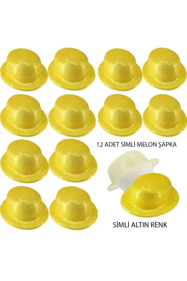 Altın Renk Simli Melon Yuvarlak Parti Şapkası 12 Adet ( )