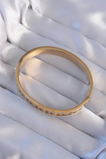 316L Çelik Gold Renk Zirkon Taşlı Tiffany Model Kelepçe - TJ-BB6188