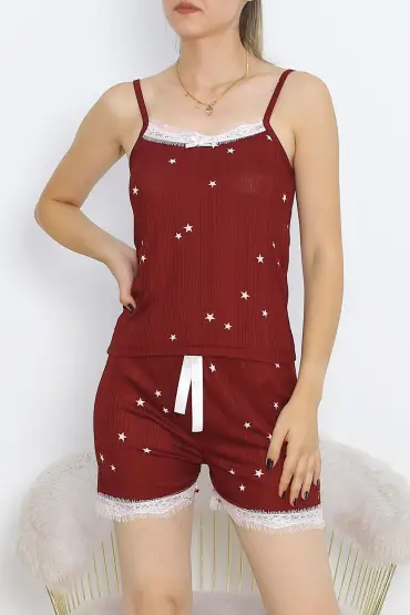 Şortlu Pijama Takımı Bordobeyaz1