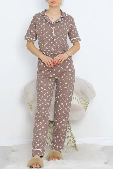 Düğmeli Pijama Takımı Kahvebeyaz - 18948.1567.