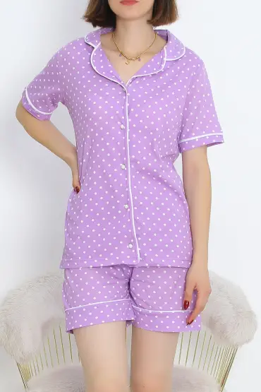 Düğmeli Şortlu Pijama Takımı Puanlılila