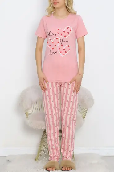 Desenli Pijama Takımı Pembe