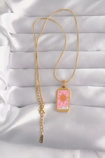 316L Çelik Gold Renk Pembe Mineli Güneş Model Tarot Kolye - TJ-BKO9029