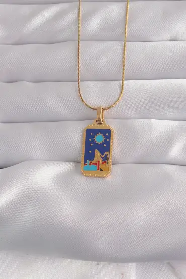 316L Çelik Gold Renk Mavi Mineli Kız Figür Tarot Kolye - TJ-BKO9033