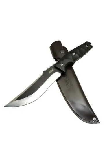 Sog Longhorn Fixed JL 01AB Siyah Outdoor Bıçak 31,5cm - Plastik Sap, Deri Kılıf, Tırtıklı Sırt