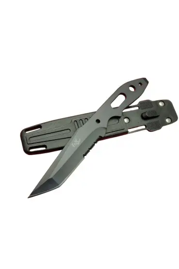 Fox A13 Siyah, Testereli Outdoor Kamp Bıçak 22 cm - Komple Metal, Kılıflı