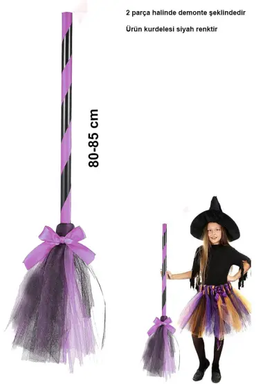 Pembe Cadı Süpürgesi - Halloween Siyah Fiyonklu Tüllü Cadı Süpürgesi 80-85 cm