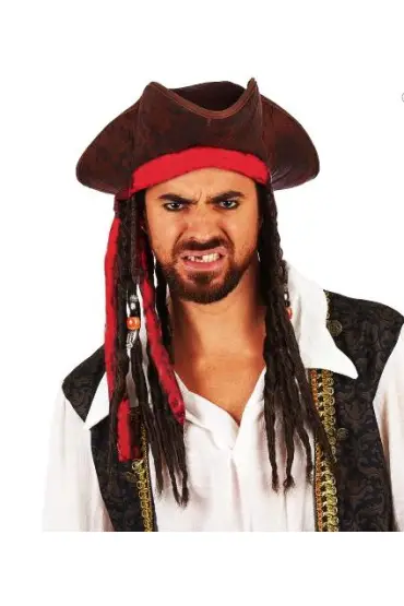 Siyah Saçlı Jack Sparrow Kaptan Jack Kumaş Korsan Şapkası