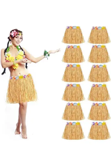 Yetişkin ve Çocuk Uyumlu Saman Renk Hawaii Luau Hula Etek 40 cm 12 Adet