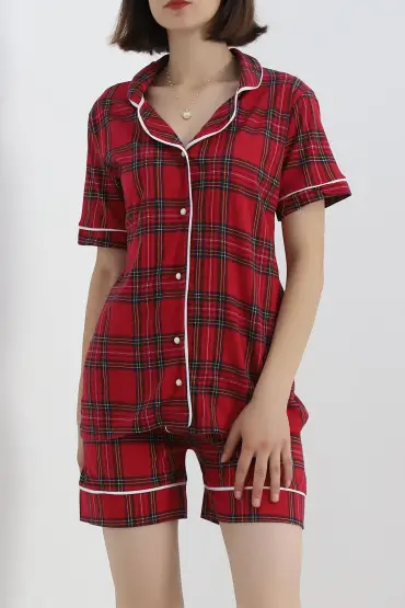 Düğmeli Şortlu Pijama Takımı Kırmızıyeşil