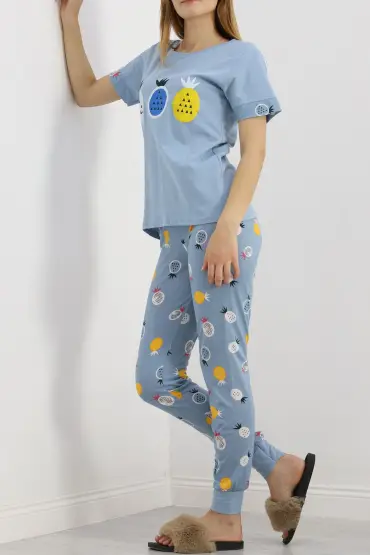 Desenli Pijama Takımı Mavi