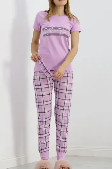 Desenli Pijama Takımı Lila