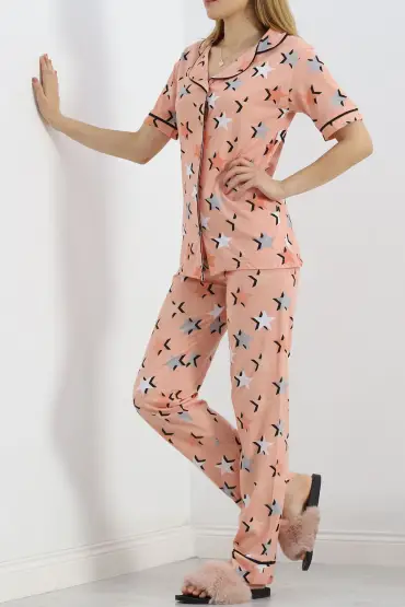 Düğmeli Pijama Takımı Somon