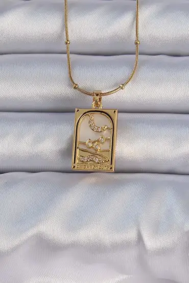 316L Çelik Gold Renk Zirkon Taşlı Ay Figürlü Tarot Kolye - TJ-BKO9187