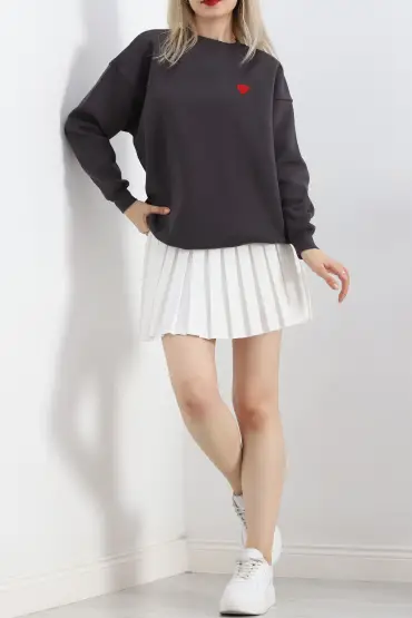 Kalp Nakışlı Şardonlu Oversize Sweat Füme - 21621.200.