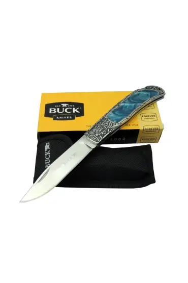 Buck Knives BK-009BL Mavi Kamp Çakı 23 cm - Sedef & Metal Saplı, Kılıflı, Kutulu