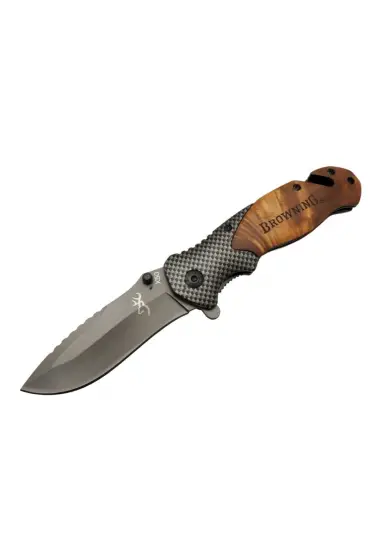 Browning X50 Kahverengi Kurtarma / Kamp Çakısı 20,5cm- Yarı Otomatik, Kemerlikli, Ahşap Sap, Cam Kırma ve İp Kesme Aparat