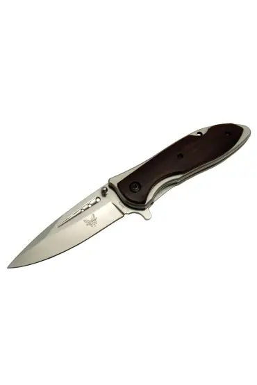 Benchmade DA76 Kahverengi Kamp Çakı 20cm- Yarı Otomatik, Kemerlikli, Ahşap Sap, Oluklu Bıçak