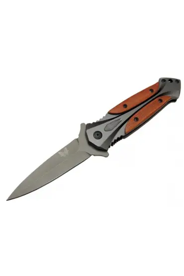 Benchmade DA27B Gri Sivri Kamp Çakı 20cm - Yarı Otomatik, Kemerlikli, Kutulu, Ahşap - Metal Sap