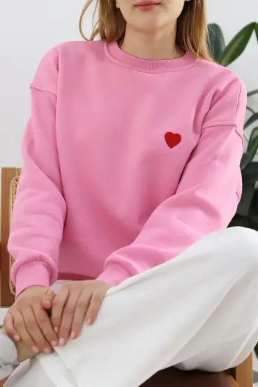 Kalp Nakışlı Şardonlu Oversize Sweat Pembe - 21621.200.