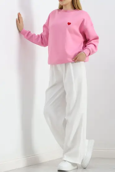 Kalp Nakışlı Şardonlu Oversize Sweat Pembe - 21621.200.