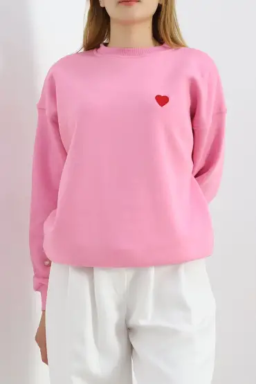 Kalp Nakışlı Şardonlu Oversize Sweat Pembe - 21621.200.