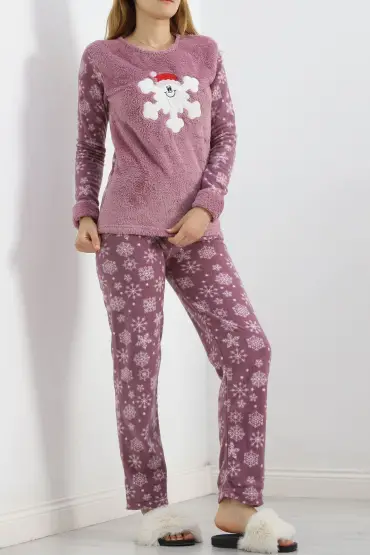 Peluş Polar Pijama Takımı Lilabeyaz