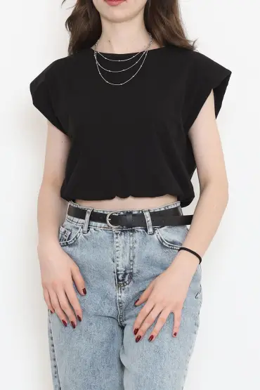  275 Beli Lastikli Crop Tişört Siyah