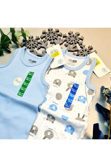 Erkek Bebek Mavi  Hello Baby Yazlık Kolsuz Çıtçtıtlı Body Tulum 2 Adet